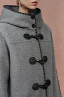 Vivien Horn Button Hooded Coat in Herringbone Wool Camel Down