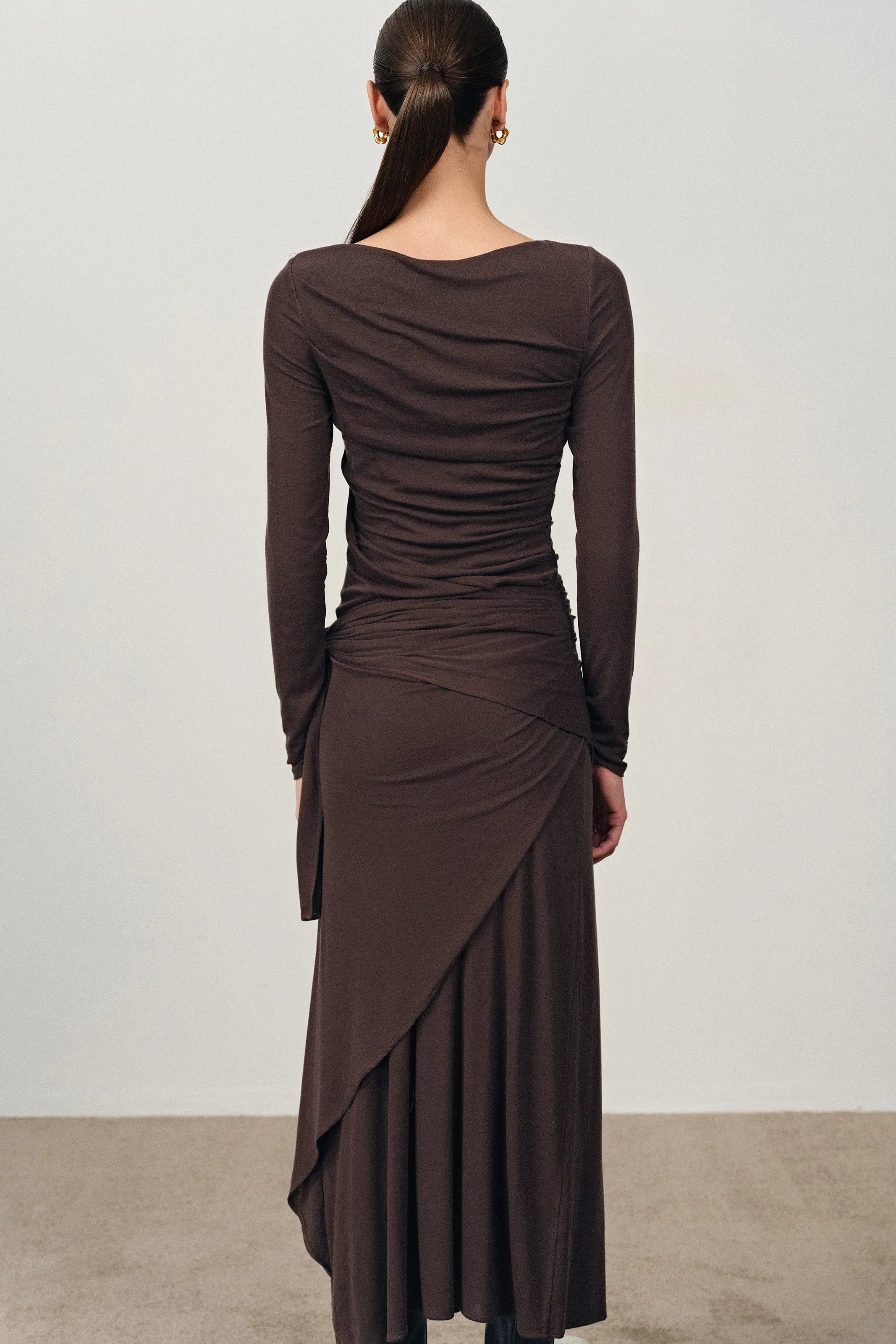 Viet Runched Pleated Long Sleeve Maxi Dress in Tencel Merino Knit L