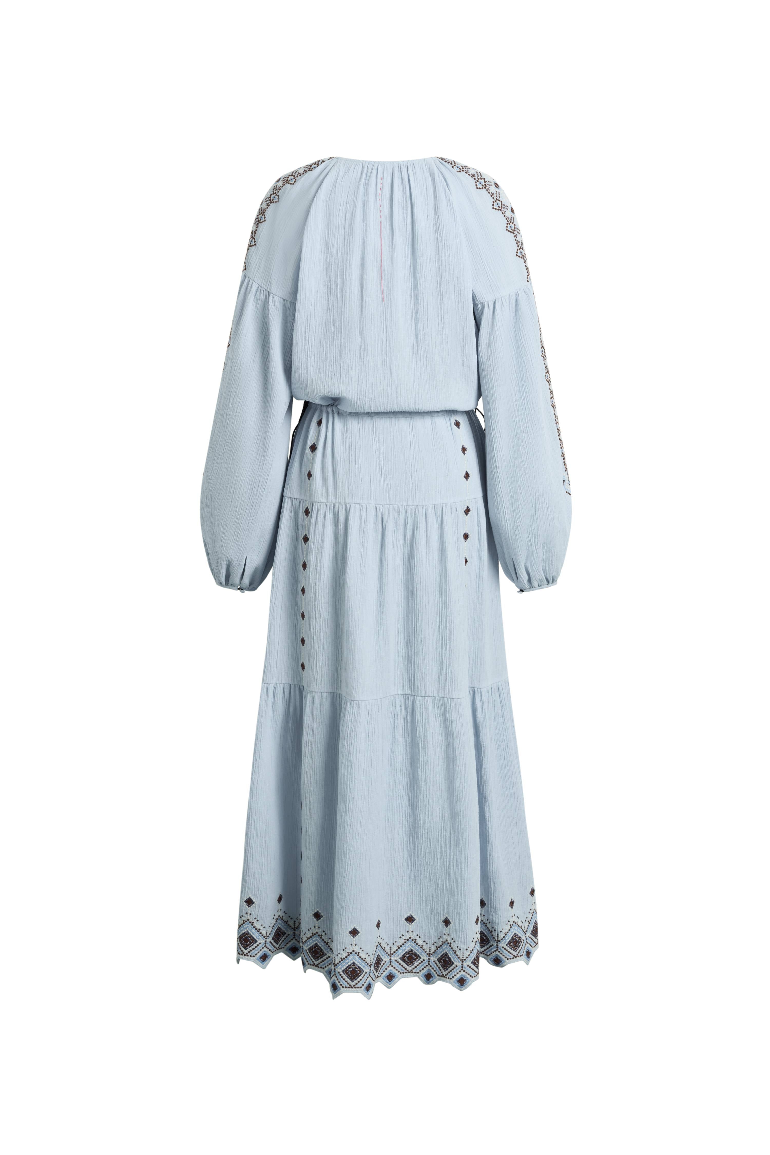 Briana Boho Embroidered Drawstring Long Puff Sleeve Dress in Cotton Crinkle Gauze XS Briana Boho Embroidered Drawstring Long Puff Sleeve Dress in Cotton Crinkle Gauze XS