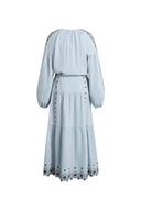 Briana Boho Embroidered Drawstring Long Puff Sleeve Dress in Cotton Crinkle Gauze
