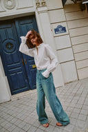 Soft Sculpture Color Blocked Subtle Barrel Leg Jeans in Cotton Denim