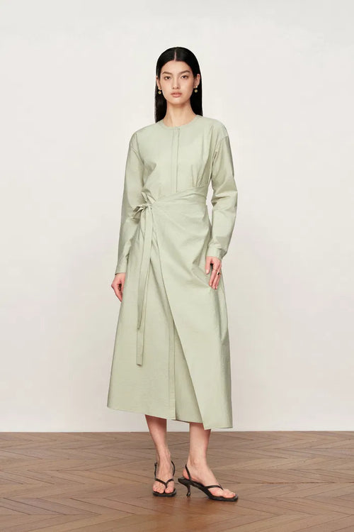 Sage Wrap Tie Long Sleeve Dress in  Cotton Poplin