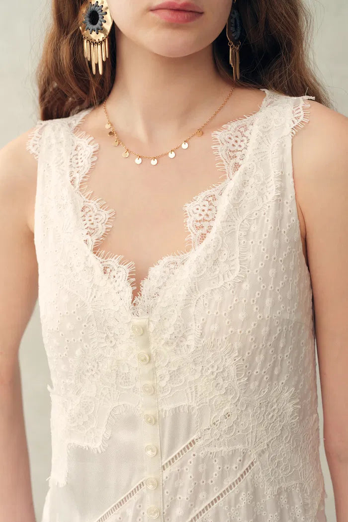Azaria Boho Lace Panel Embroidery V Neck Sleeveless Dress in Tencel Linen XL