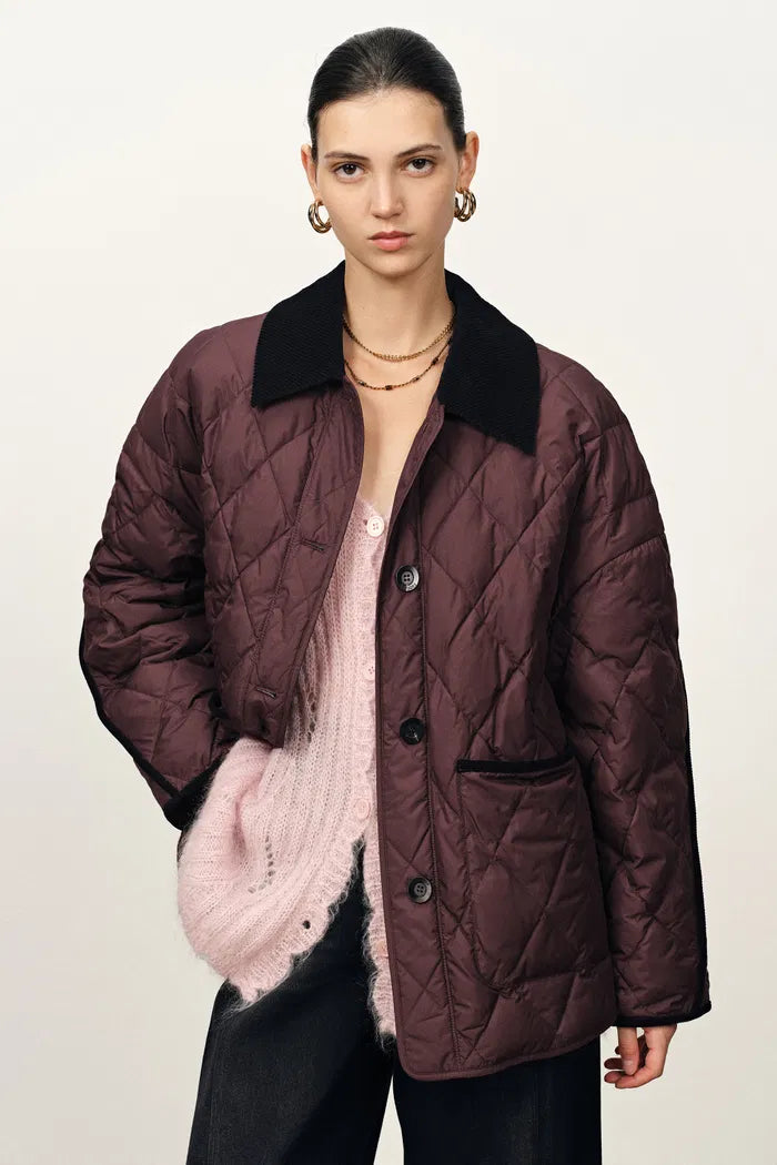 Udelle Contrast Corduroy Collar Down Jacket in Matte Cotton with Graphene