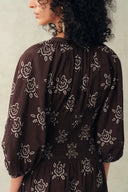 Cleo Smocked Handpainted Floral Puff Sleeve Midi Dress in Cotton