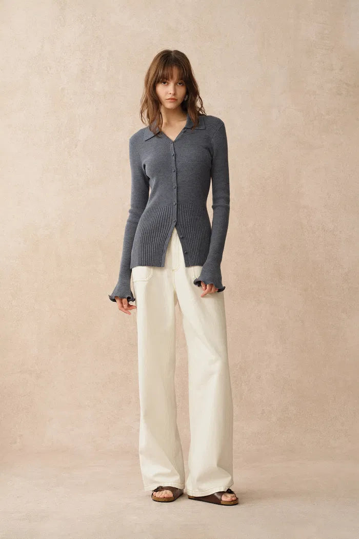 Katia Beige Wavy Cuff Fitted Collared Cardigan in Stretchy Merino Wool Cable Knit