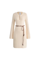 Mira Heavy Shell Hem Long Sleeve Short Dress in Pearl Fiber Blend