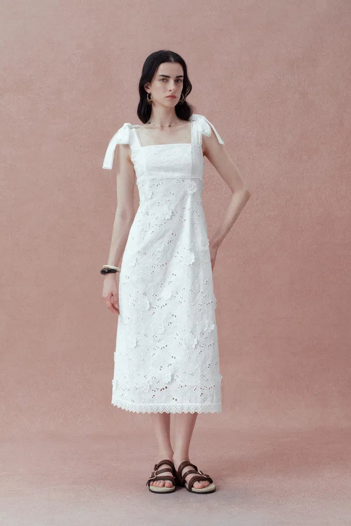 Elise Handcrafted Flora Applique Midi Dress in Embroidered Cotton