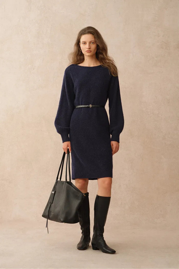 Danni Navy Boat Neck Knit Dress in Merino Wool Knit