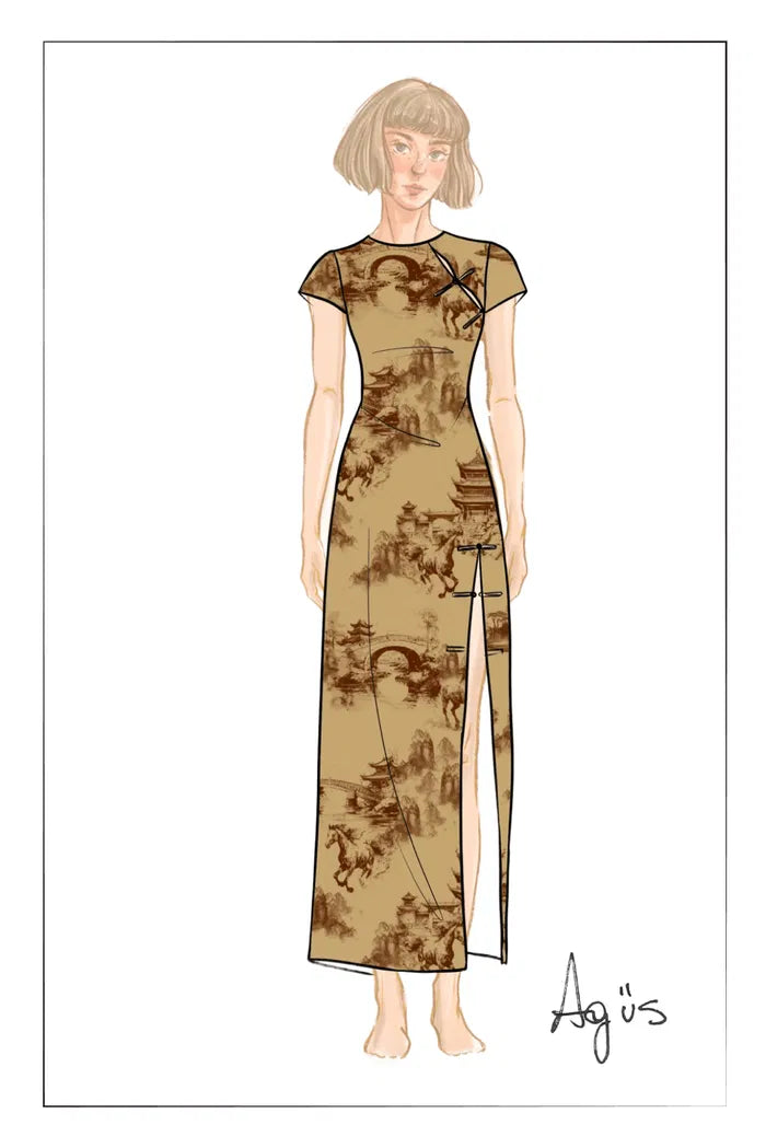 oriental design dress Tansya Oriental Print Qipao Dress in Viscose Blend XS/P