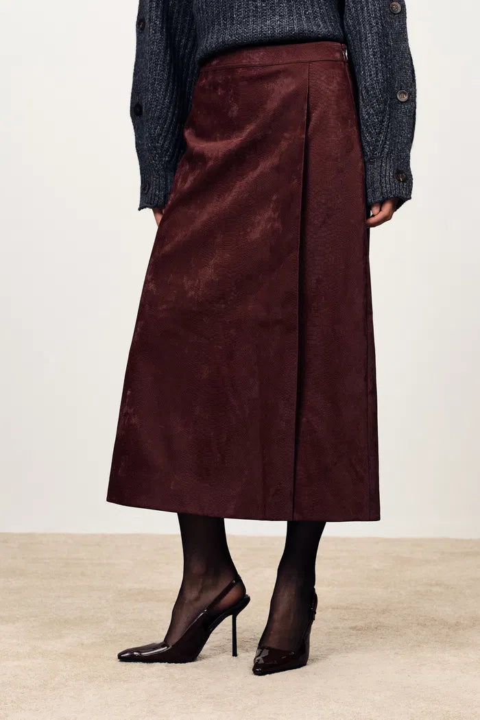 Scirocco Burgundy Midi Skirt in Faux Snake Skin Leather