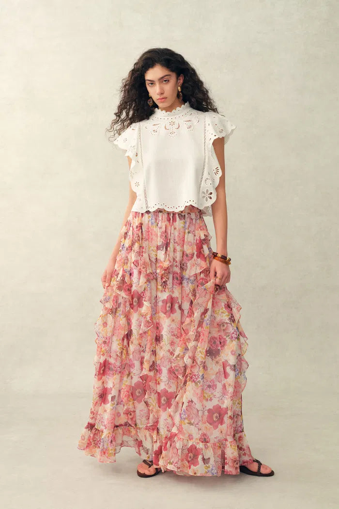 Lilou French Cutwork Embroidery Ruffle-Sleeve Top in Cotton & Linen