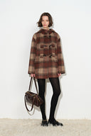 Aeliana Plaid Hooded Midi Coat in Red Brown Wool Blend