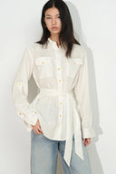 Faye White Belted Roll Tab Sleeves Safari Blouse