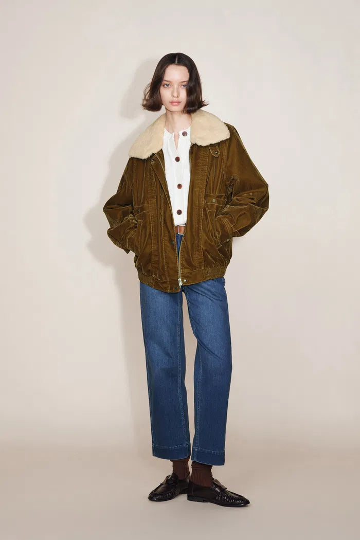 Veronica Faux Fur Collar Jacket in Washed Velvet Denim