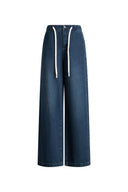 Olive Striped Drawstring Straight Leg Jeans in Striped Denim