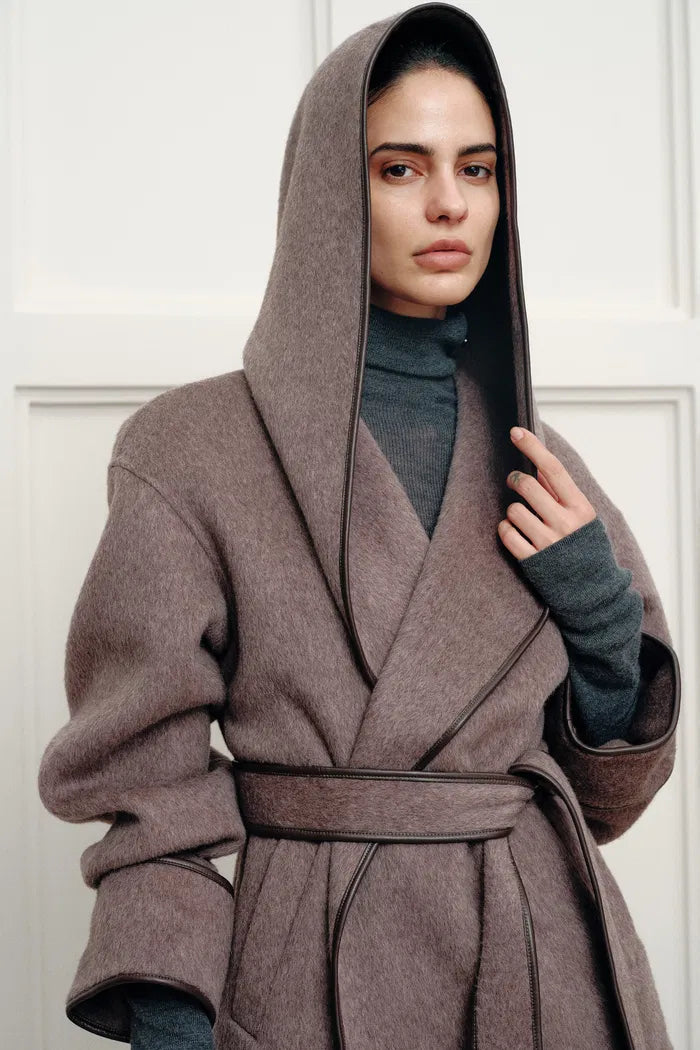 Mila Belted Leather Trimmed Oversized Hooded Pea Coat in Double Face Merino Camel