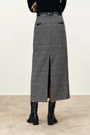 Lola Leather Accent Straight Midi Skirt in Merino-Silk Welsh Check