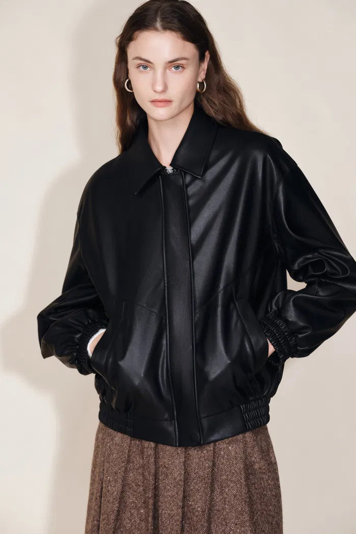 Genesis Detachable Faux Fur Collar Jacket in Faux Leather