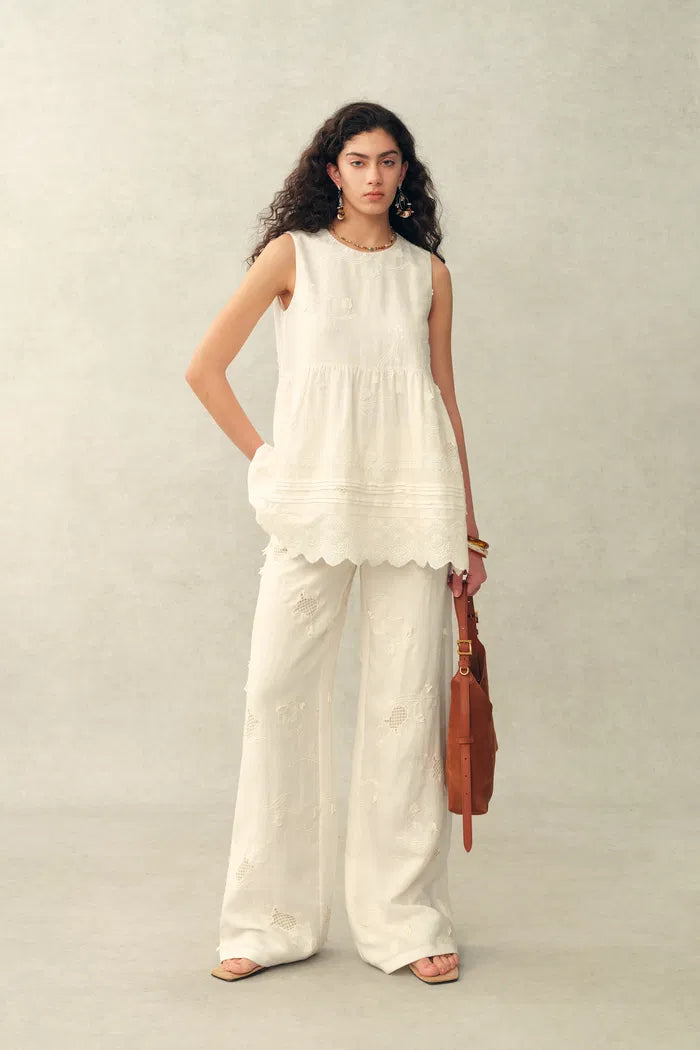 Doris Lily-of-the-Valley Lace Sleeveless Top and Pants Matching Set in Silk Linen Blend