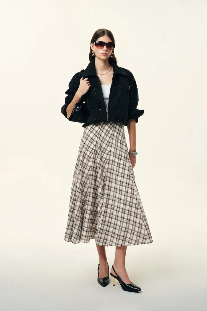 Xaviera Midi Plaid Skirt in Bubble Crinkle Cotton