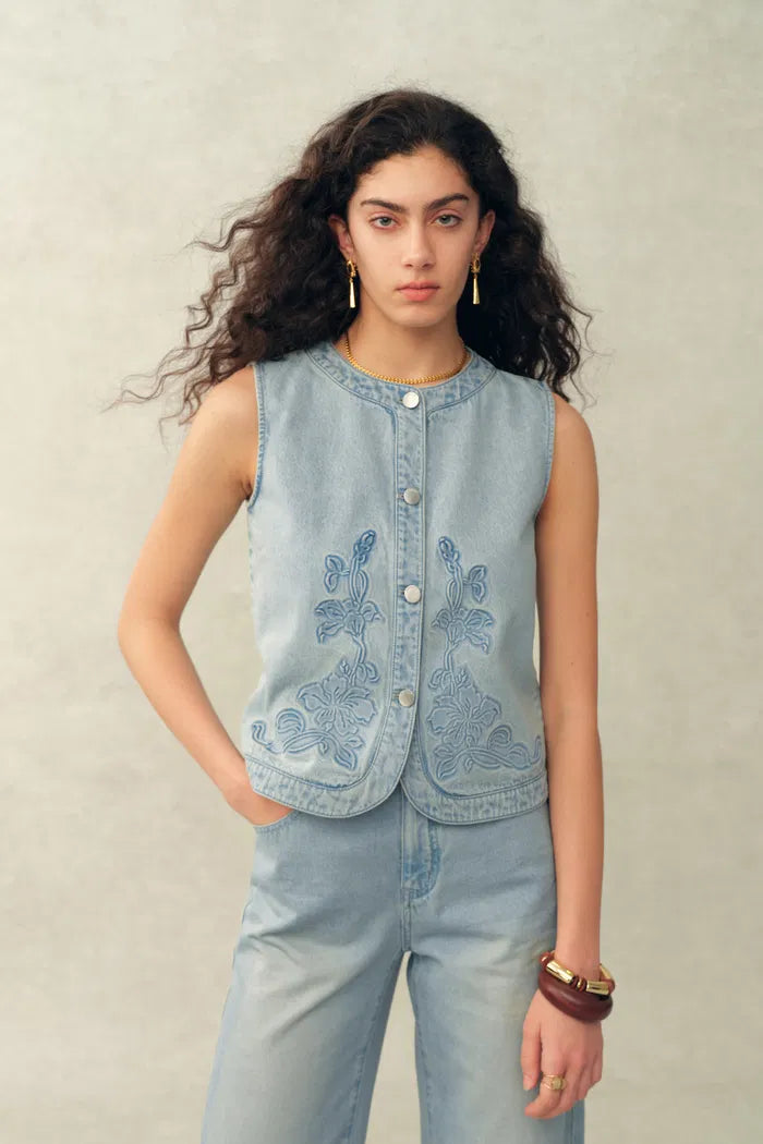 Perla Embossed Flowers Sleeveless Round Neck Top and Skirt Matching Set in Cotton Denim