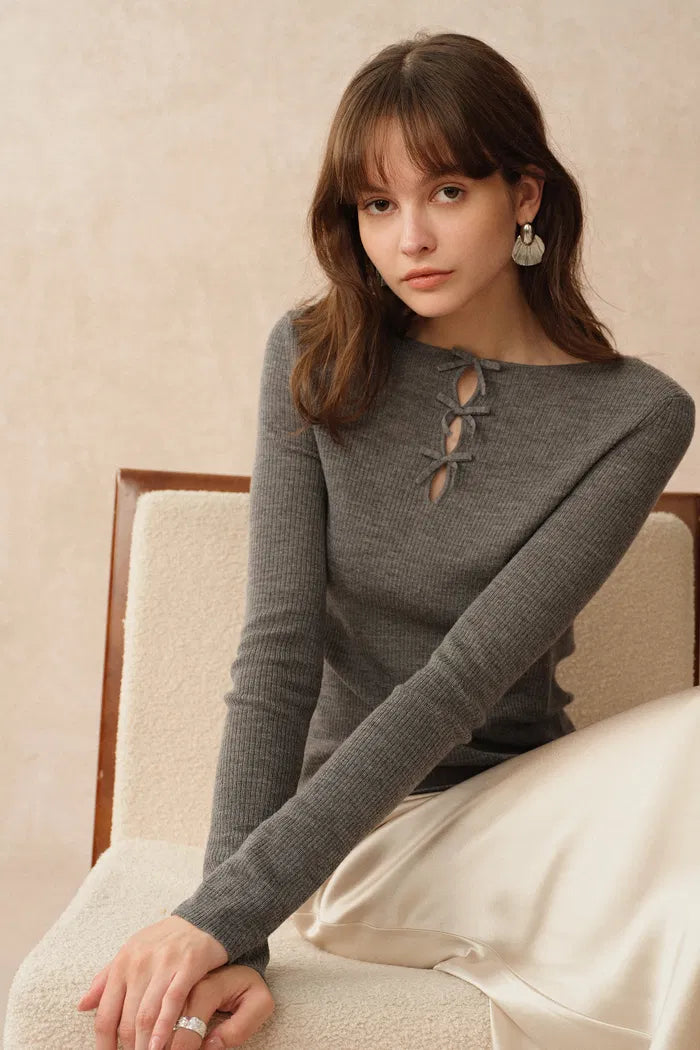 Eden Grey Bow Tie Cutwork Wool Long Sleeve Top in Merino Wool Knit