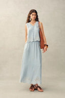 Yori Floral Embroidery V Neck Sleeveless Top in Linen Blend