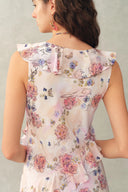 Alice Handpainted Floral Bias Cut Ruffed Sleeveless Dress in Crinkle Gauze