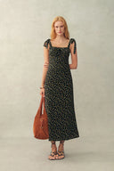 Robe longue Anais à bretelles nouées, peinte à la main, en crêpe de Chine stretch en soie avec pivoine