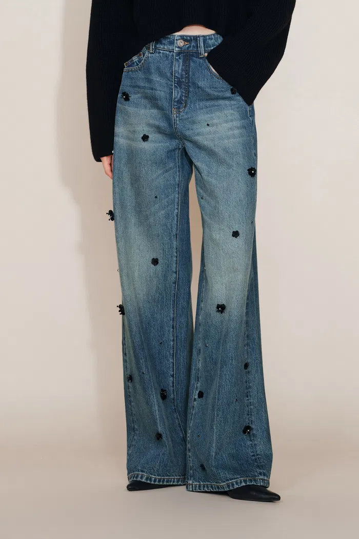 Imogen Hand Beaded Denim Trousers in Cotton Denim