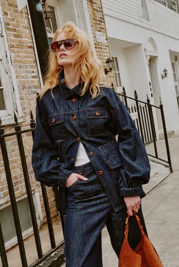 Solene Utility Style Fitted Denim Jacket in Hemp-Blend Denim