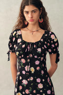 Robe Manon florale à manches nouées ajustables en crêpe de Chine de soie stretch