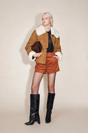 Flora Contrast Lapel Cotton Coat in Matte Faux Leather