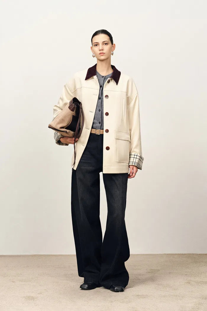 Riley Detachable Lining Corduroy Collar Jacket in Faux Suede