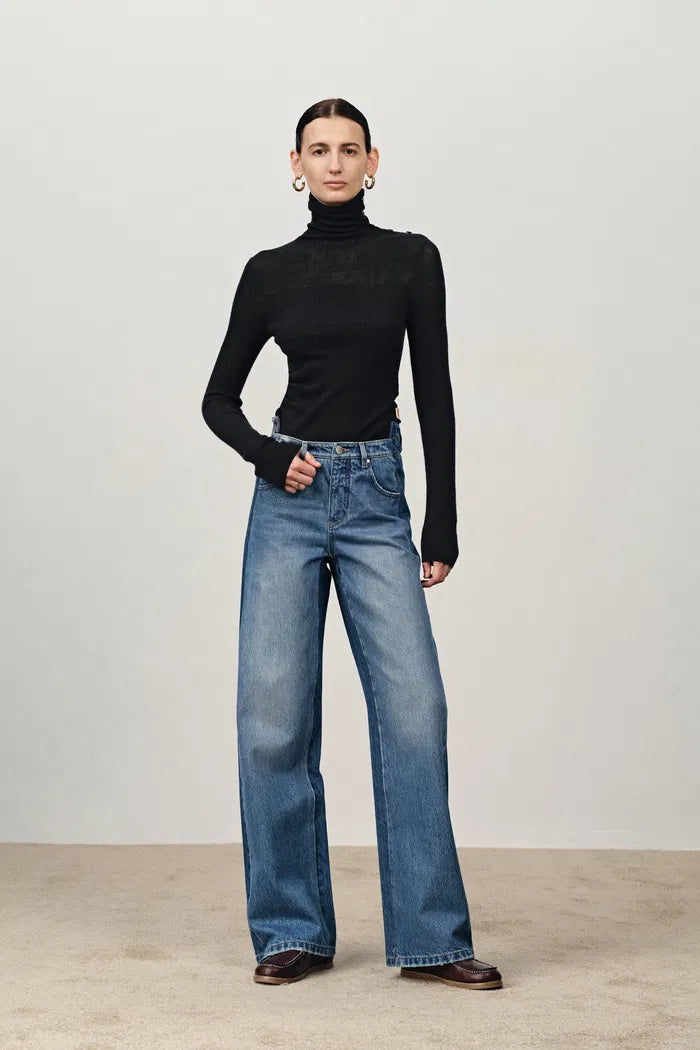 Lumina Semi Sheer Shoulder Turtleneck Undershirt in Merino Wool Rib Knit