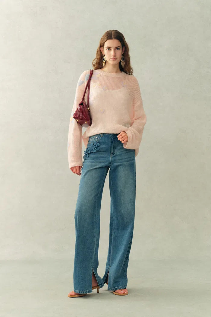 Camille Floral See Through Pullover Sweater in Wool Mohair Blend Knit