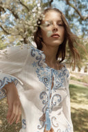 Maggie Embroidery Resort Wear Tie Front Sheer Shirt and Skirt Set in Cotton Jacquard