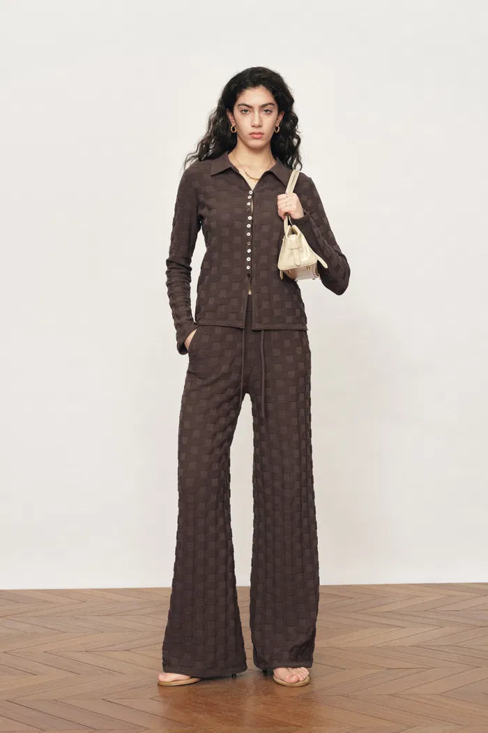 Elowen Plaid Textured Cardigan and Pants in Cotton Blend Knit