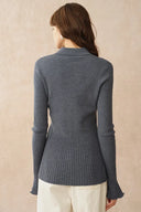 Katia Beige Wavy Cuff Fitted Collared Cardigan in Stretchy Merino Wool Cable Knit