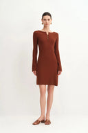 Emily Red Henley Collar Fitted Short Dress in Merino Wool Knit