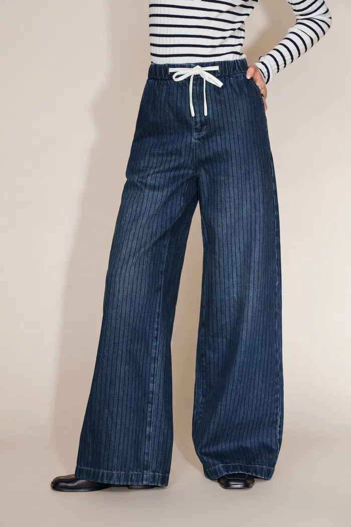 Olive Striped Drawstring Straight Leg Jeans in Striped Denim