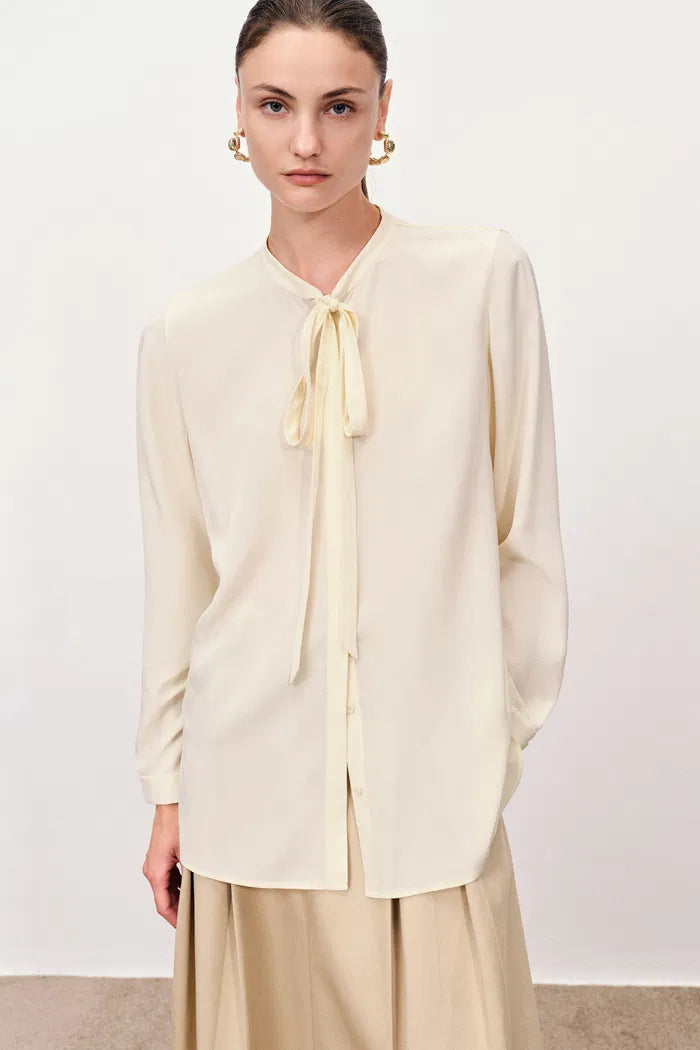 Linde Ribbon Tie  Flowy Blouse in n Silk Georgette