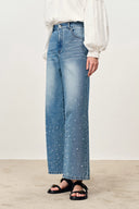 Lulia Raindrop Hand-Beaded Roomy Straight Leg Jeans in Cotton Denim