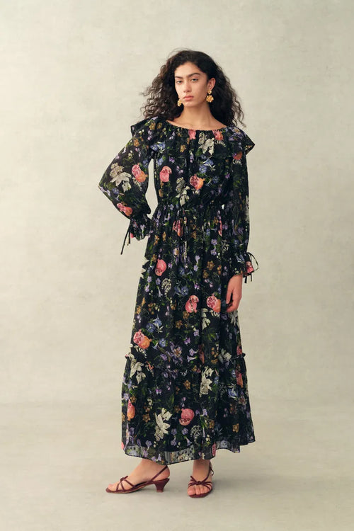 Granata Off Shoulder Hand-painted Print Dress in Silk Georgette