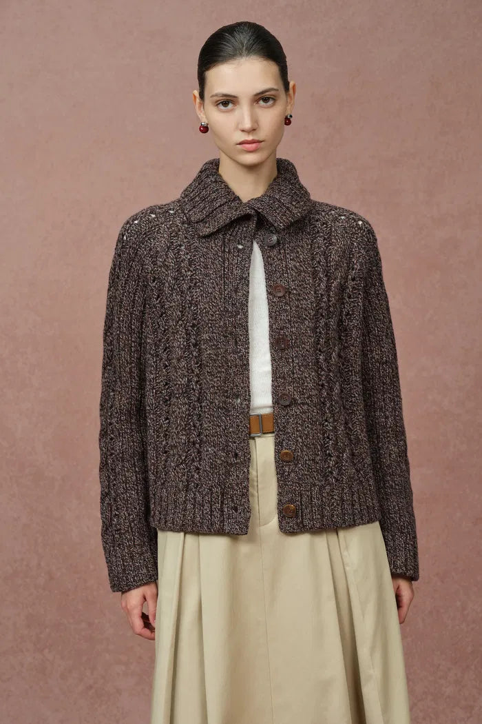 Avery Two Looks Collar Heathered Floral Cardigan Coat in Merino Wool