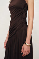 Avery Asymmetrical Ruched Sleeveless Dress in Acetate Blend Knit