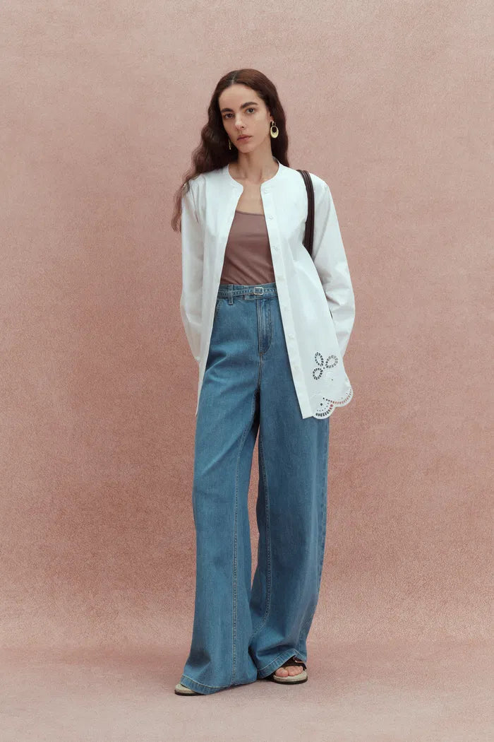 Jolanda Flora Openwork Embroidery Hem Shirt in Premium Cotton