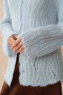 Aki Scalloped Neckline Sheer Cardigan in Lightweight Cable Mohair Knit