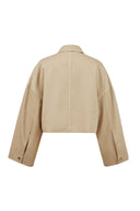 Earth tone cotton-blend handcrafted jacket with visible stitching details, back view on plain white background